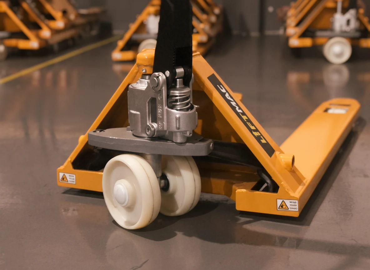 Detalhe das rodas e do sistema hidráulico da Paleteira Manual Liftmac 2T